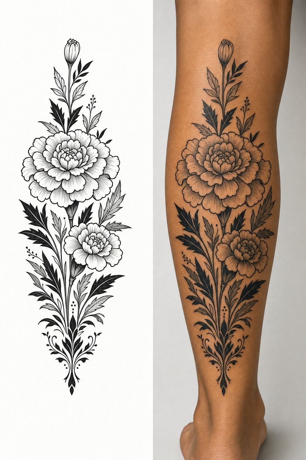 October Marigold Blackwork Calf Tattoo