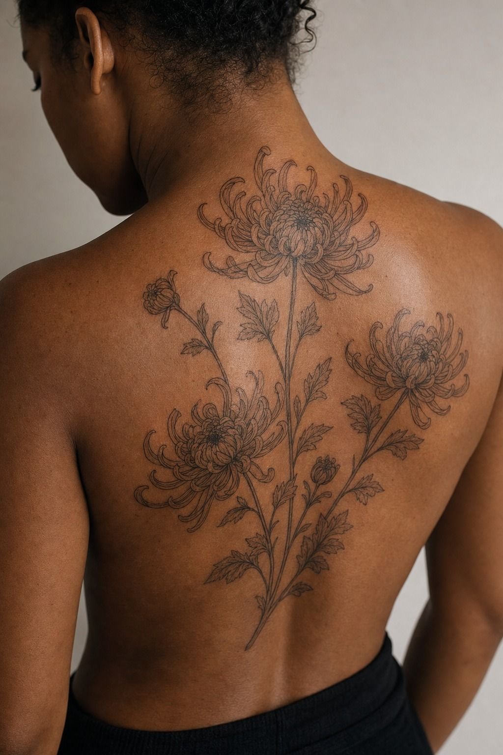 November Chrysanthemum Botanical Back Tattoo