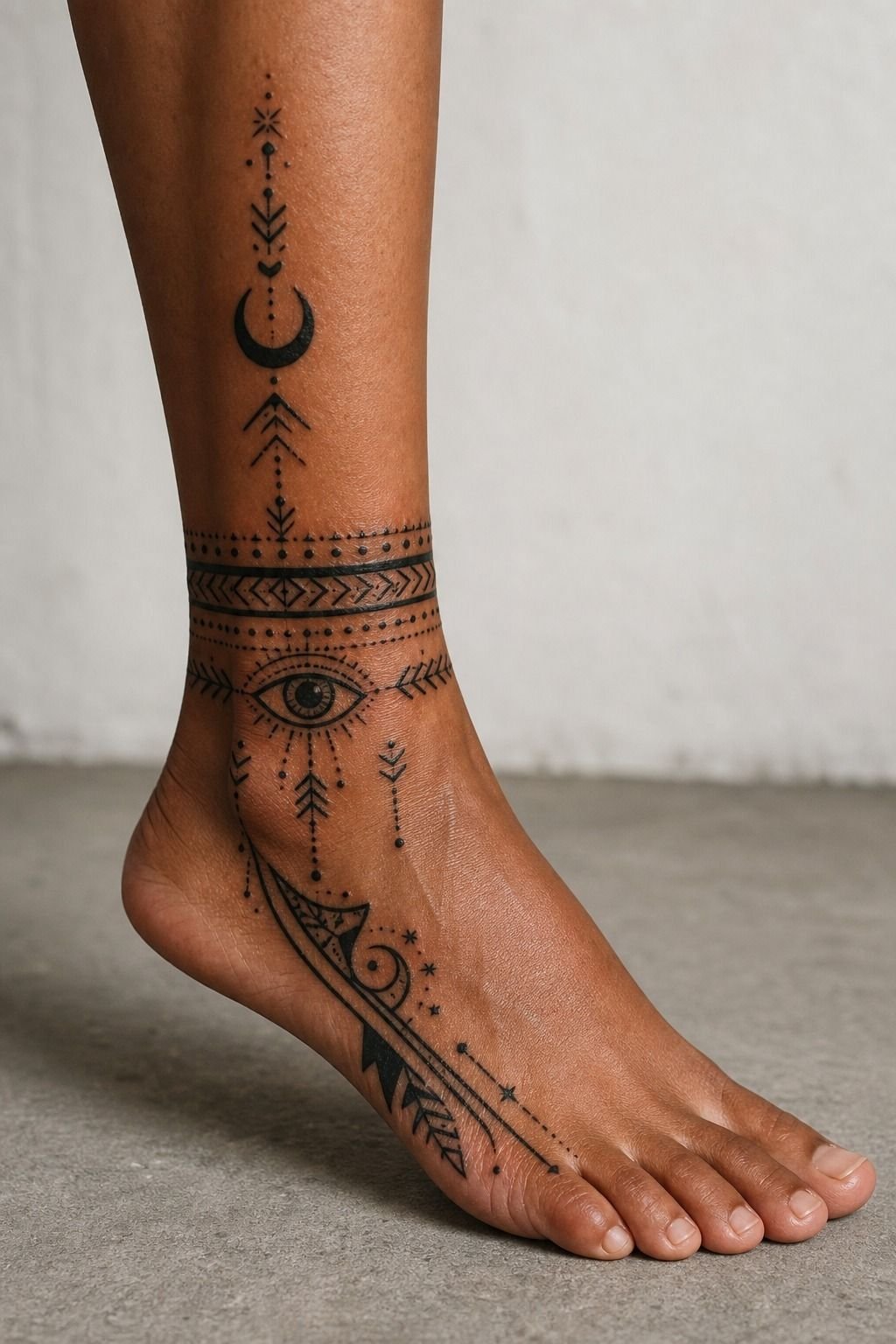 Choose blackwork symbols for bold side-foot ink
