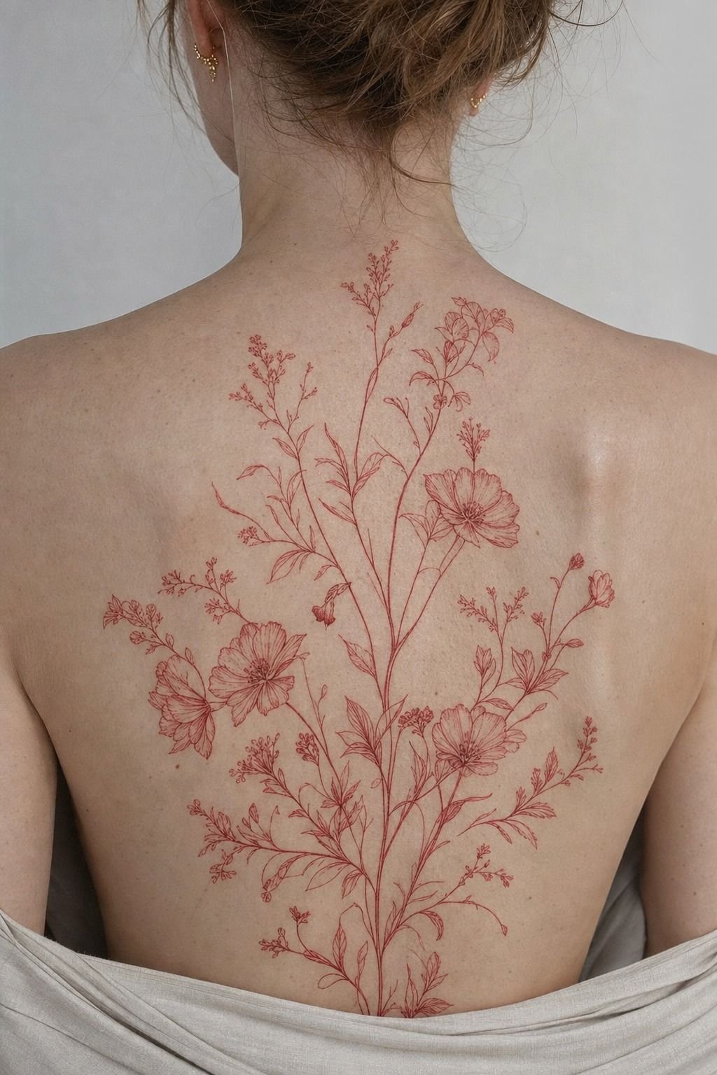 Full Back Botanical Linework With Fine Red Ink