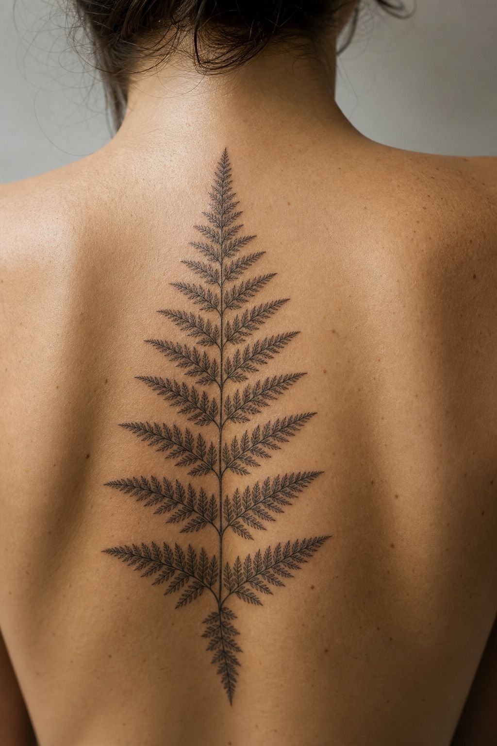 Center Spine Fern Tattoo With Delicate Shading