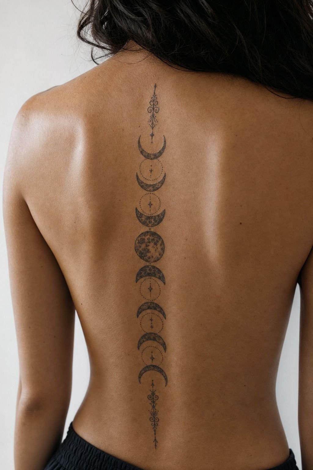 Feminine Full Back Moon Phases In Blackwork