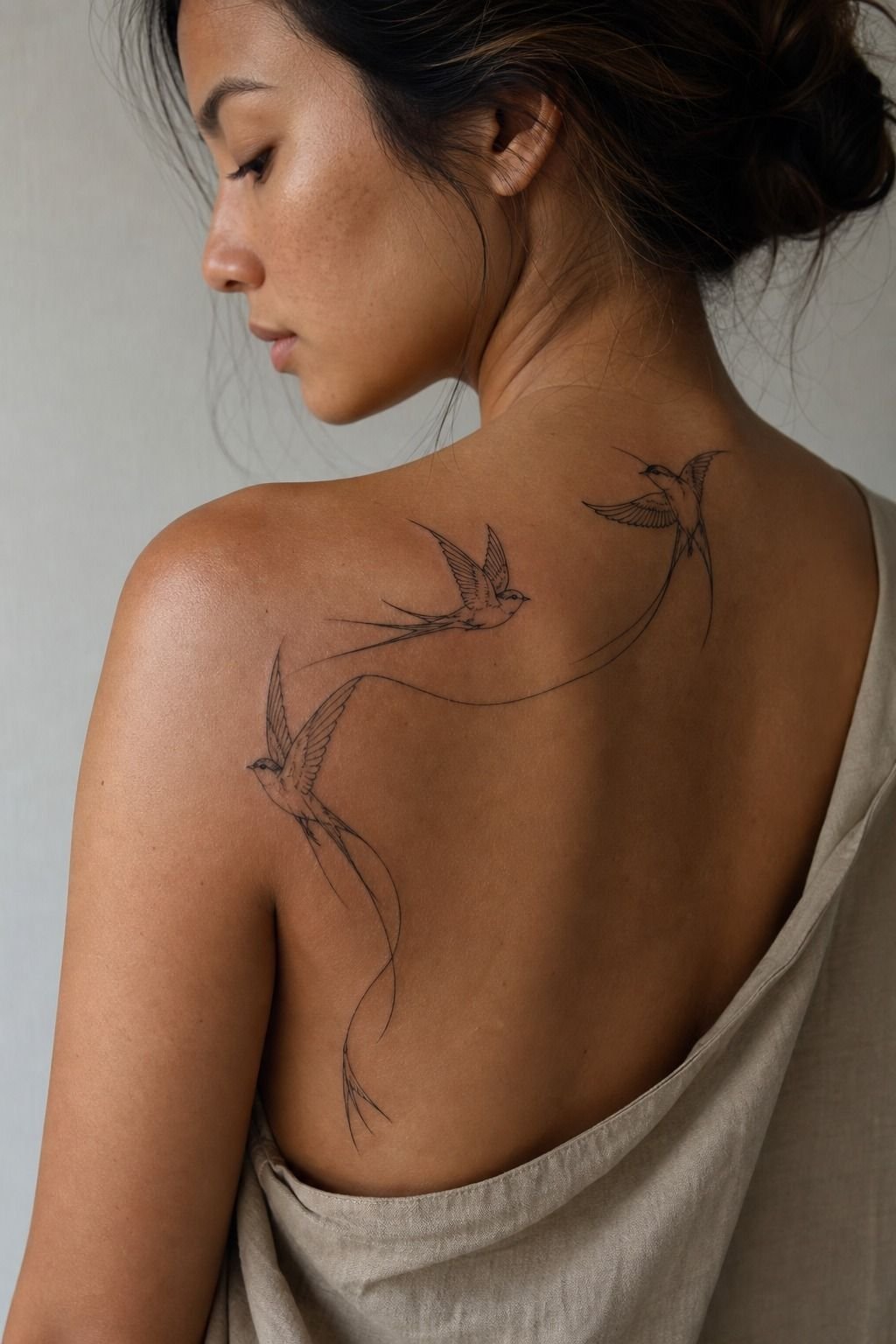 Shoulder Blade Swallows In Fine Line Ink