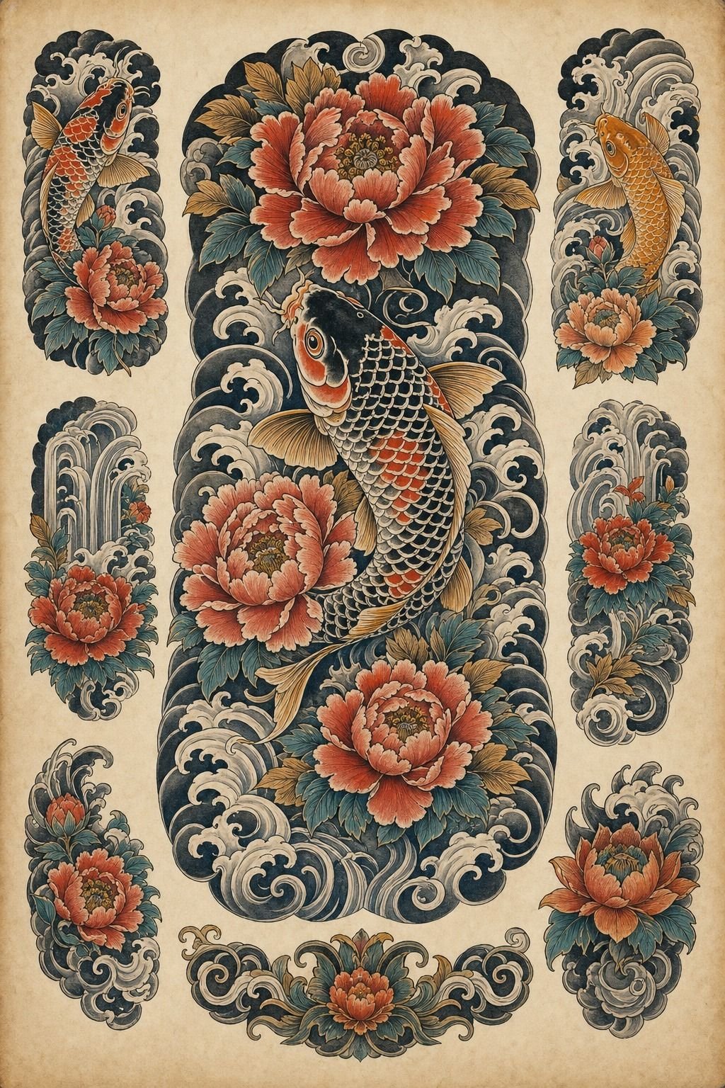 Full Back Japanese Peony And Koi Tattoo