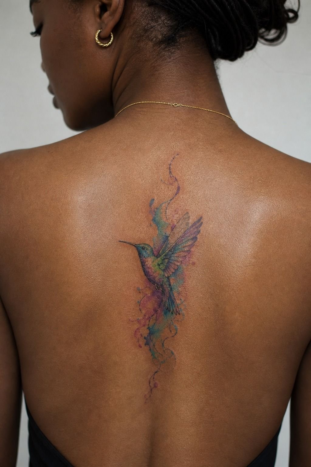 Watercolor Hummingbird With Feminine Spine Placement