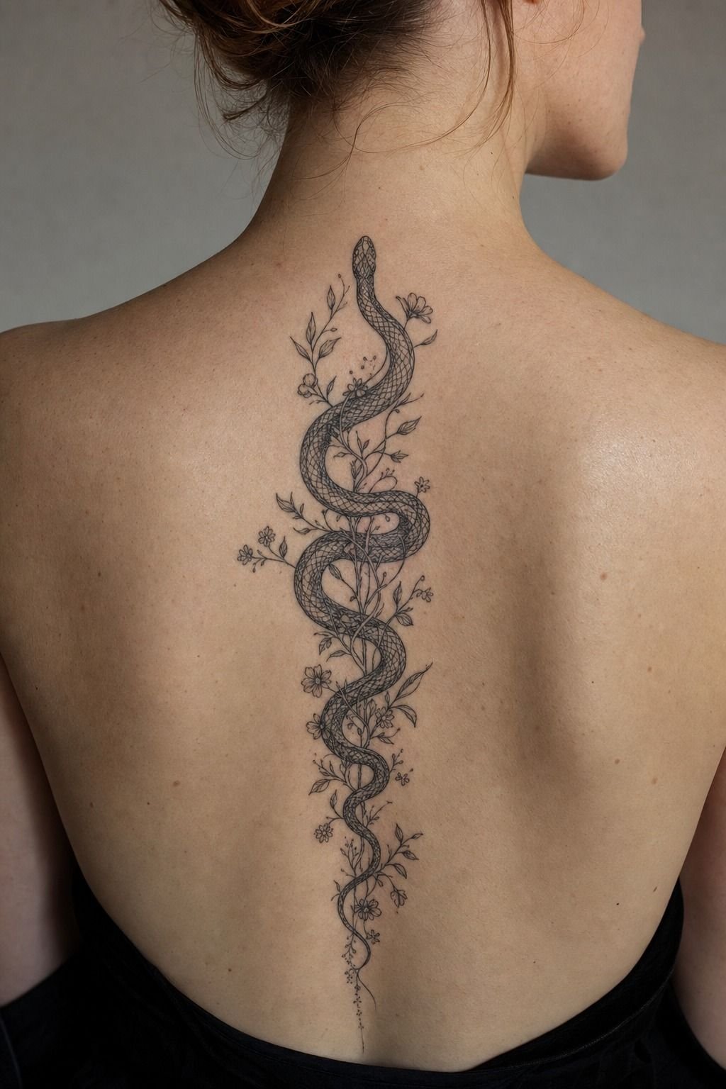 Full Spine Snake Tattoo With Botanical Details
