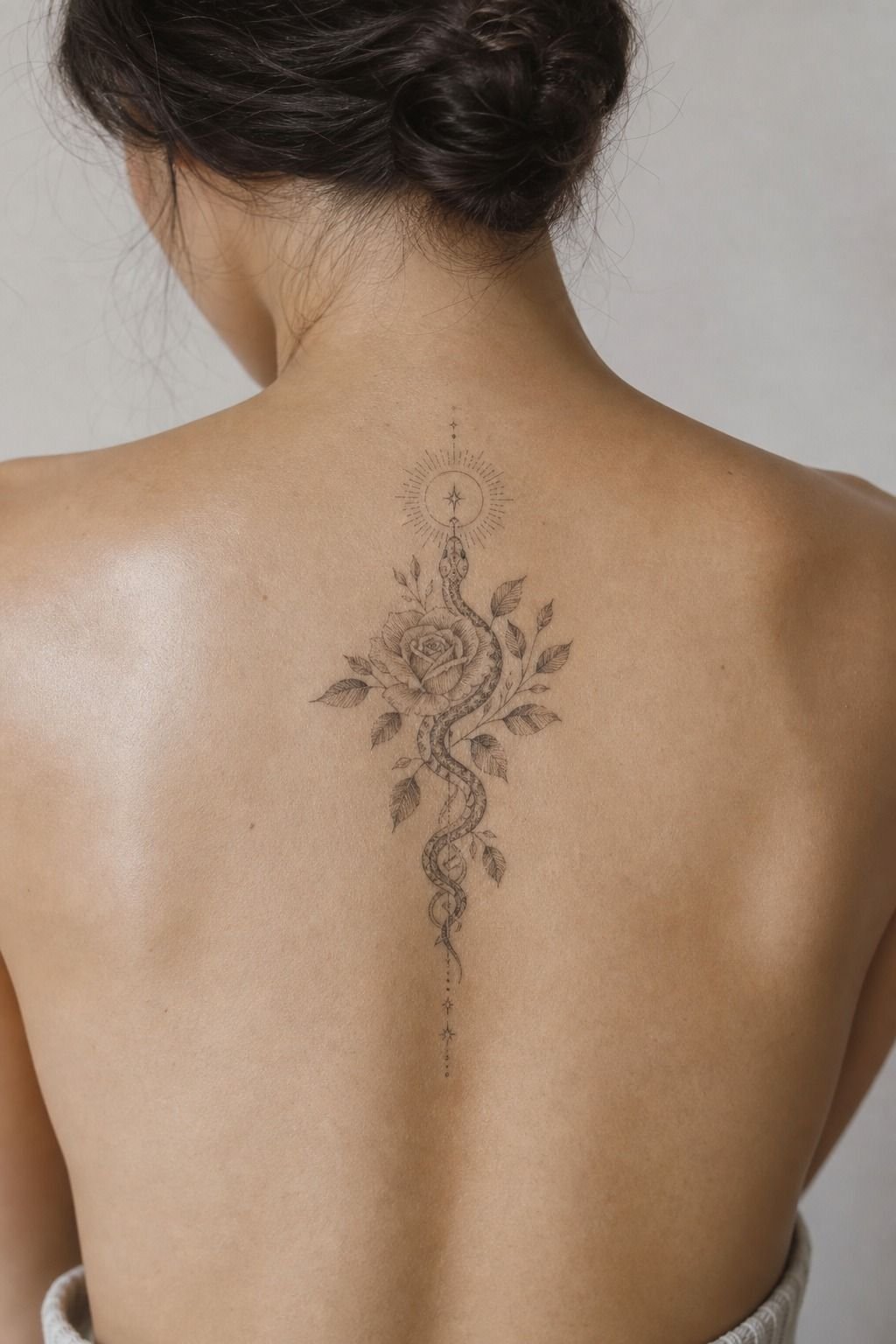 Women’s Back Portrait Tattoo In Soft Black And Gray