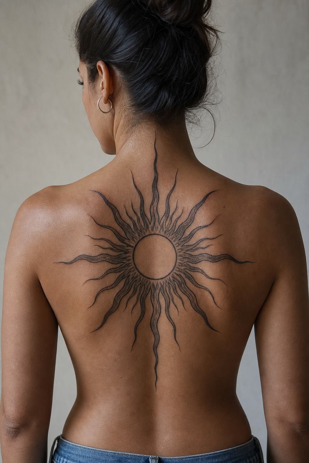 Blackwork Sun Motif Across the Upper Back