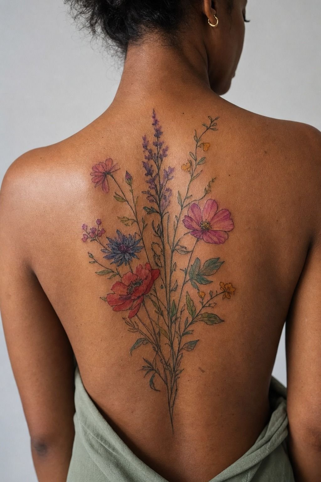 Full Back Watercolor Wildflower Tattoo With Black Outlines