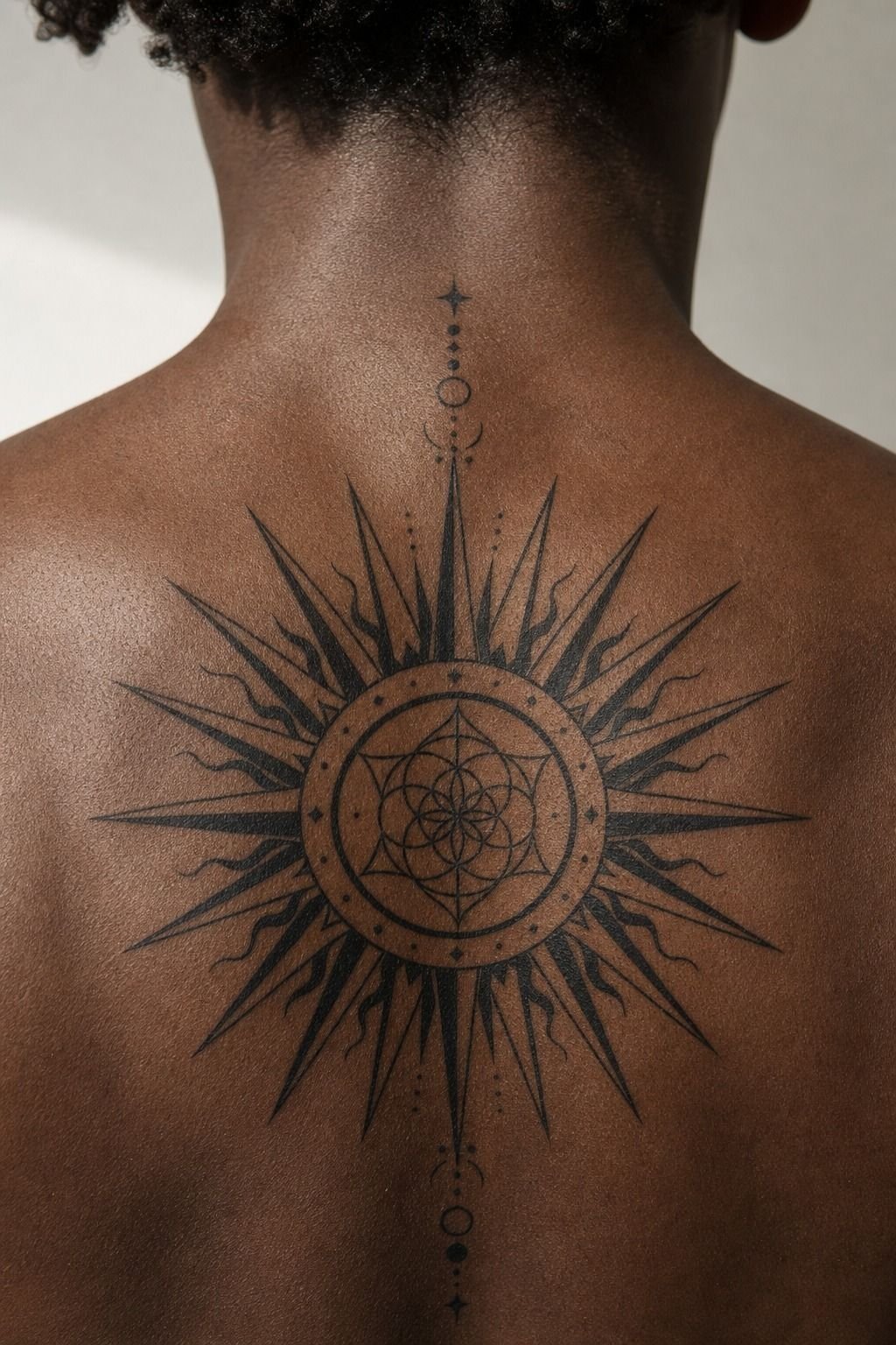 Center Back Geometric Sun Tattoo With Negative Space