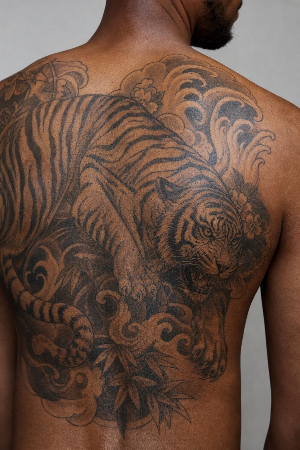 Full Back Tiger Tattoo In Japanese Black And Gray