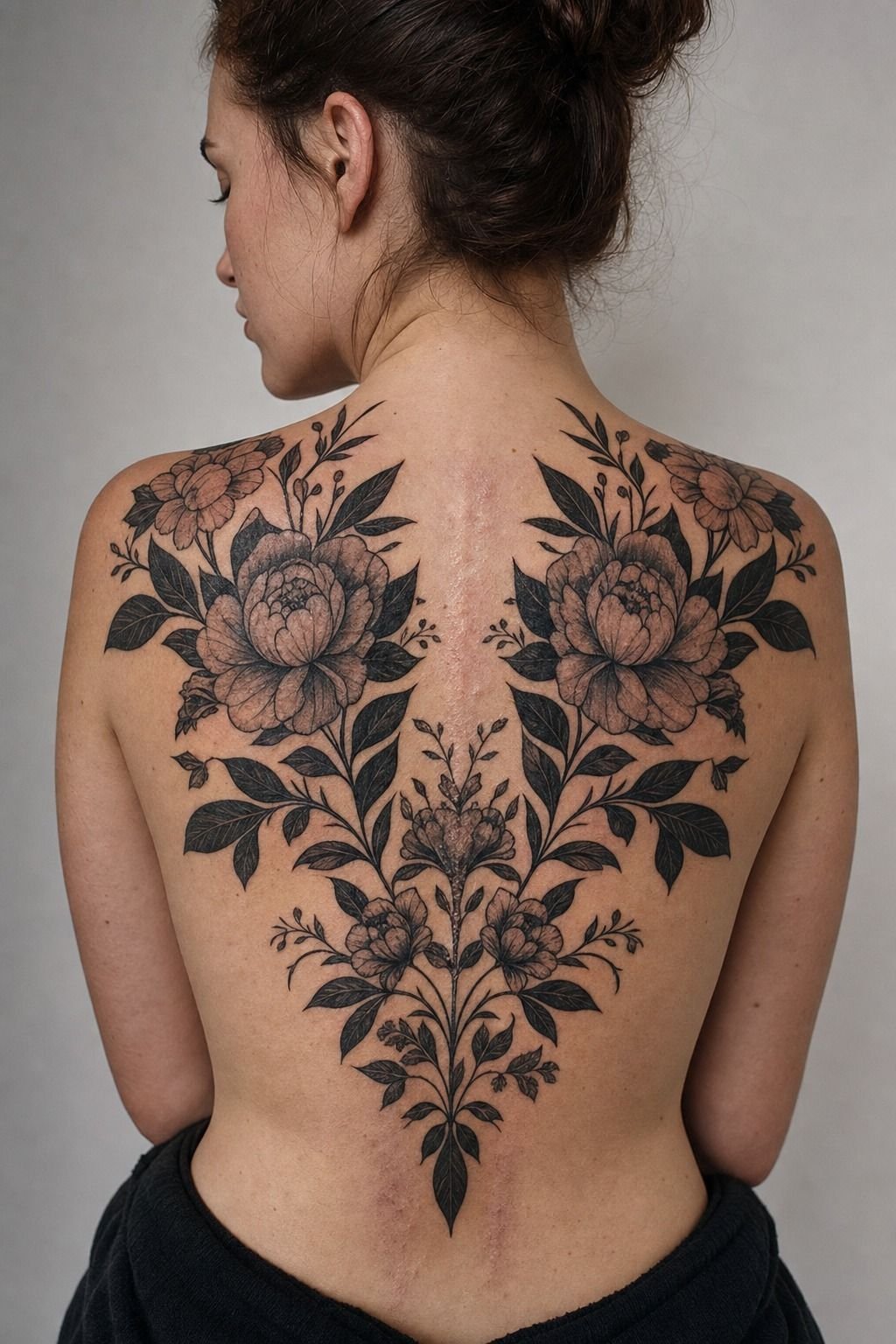 Full Back Scar Coverup With Floral Blackwork