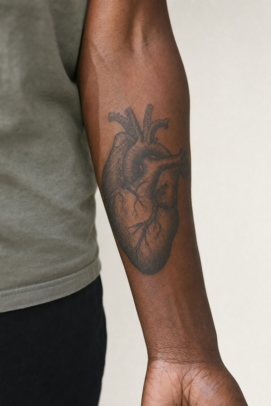 Blackwork Anatomical Heart On The Forearm