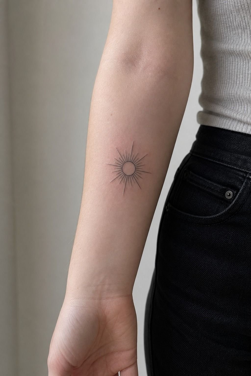 Fine Line Sun Tattoo With Radiating Rays