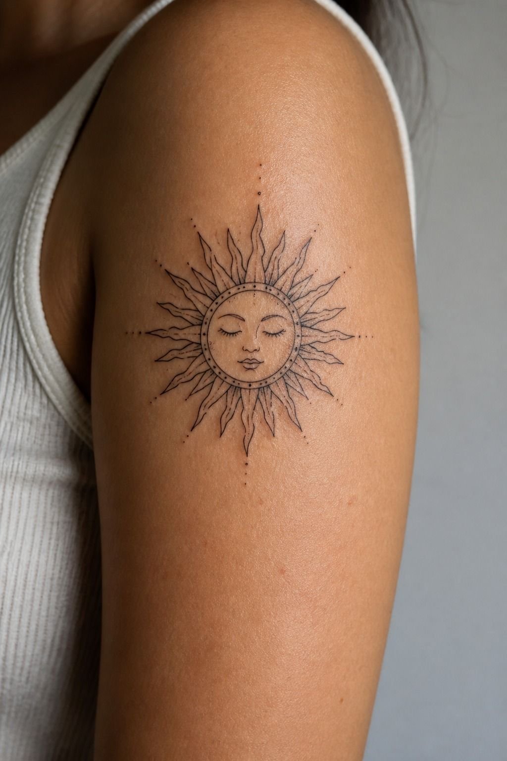 Dainty Sun Tattoo Behind The Upper Arm