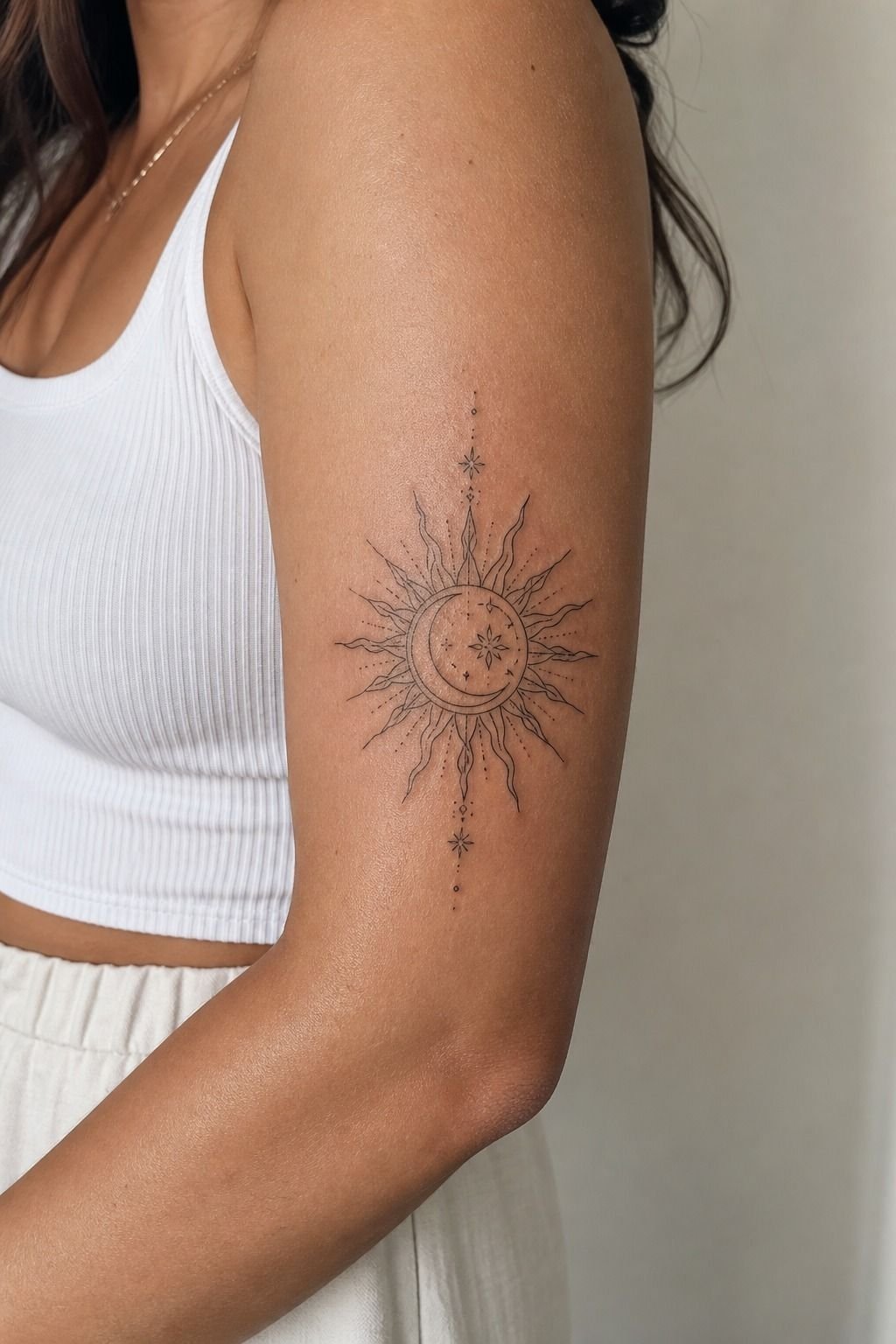 Boho Sun Tattoo With Crescent Moon Details