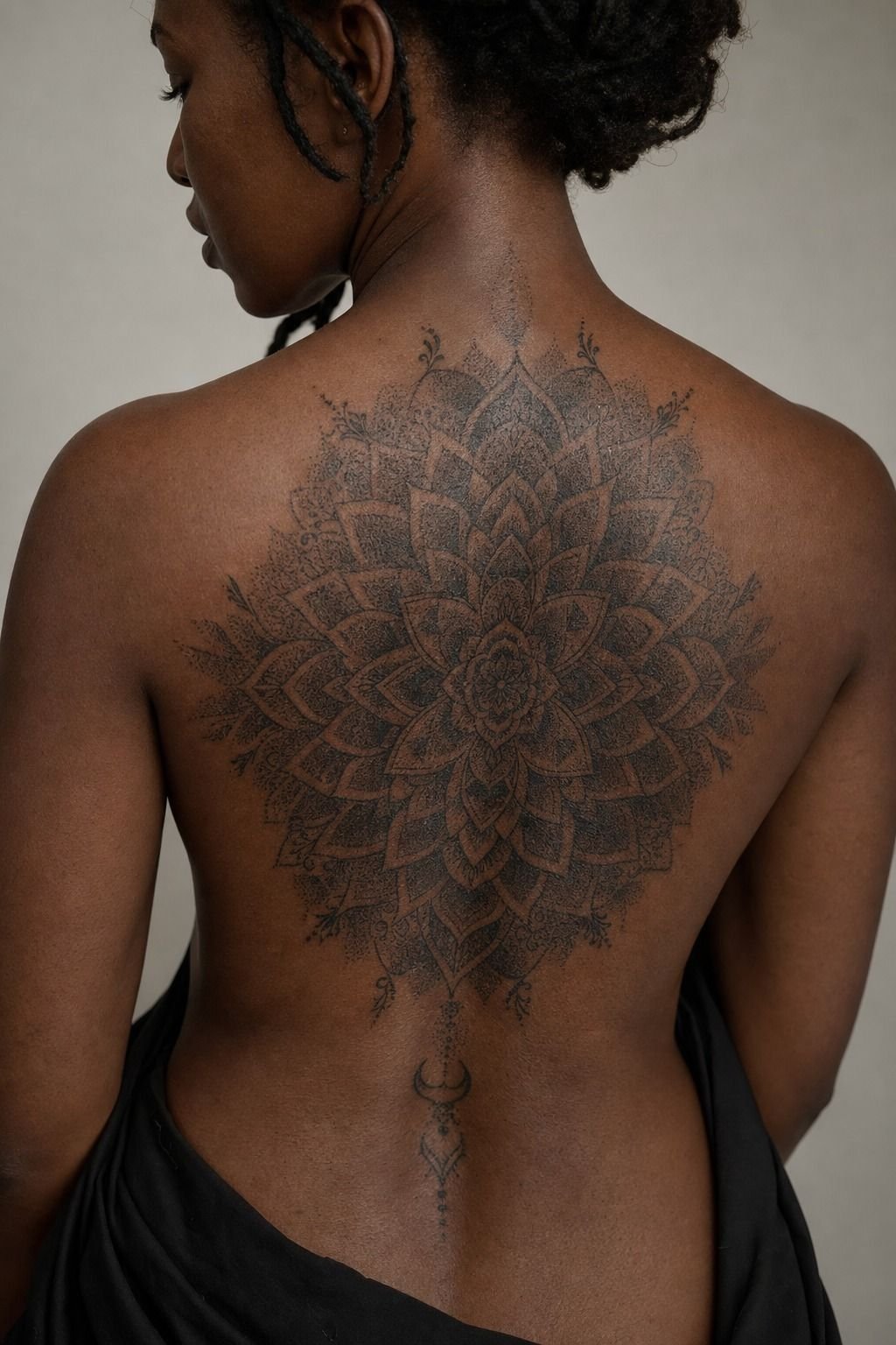Dot Work Mandala Upper Back Tattoo