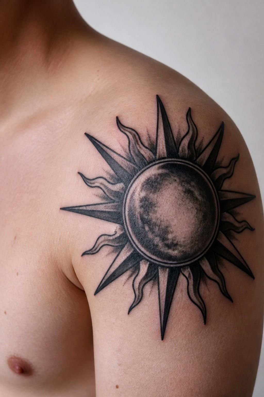 Blackwork Sun Tattoo With Bold Shadowing