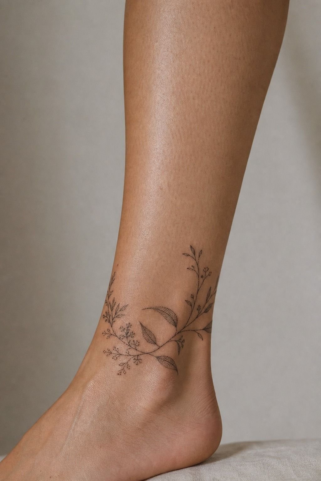 Dot Work Drawing Botanical Ankle Tattoo