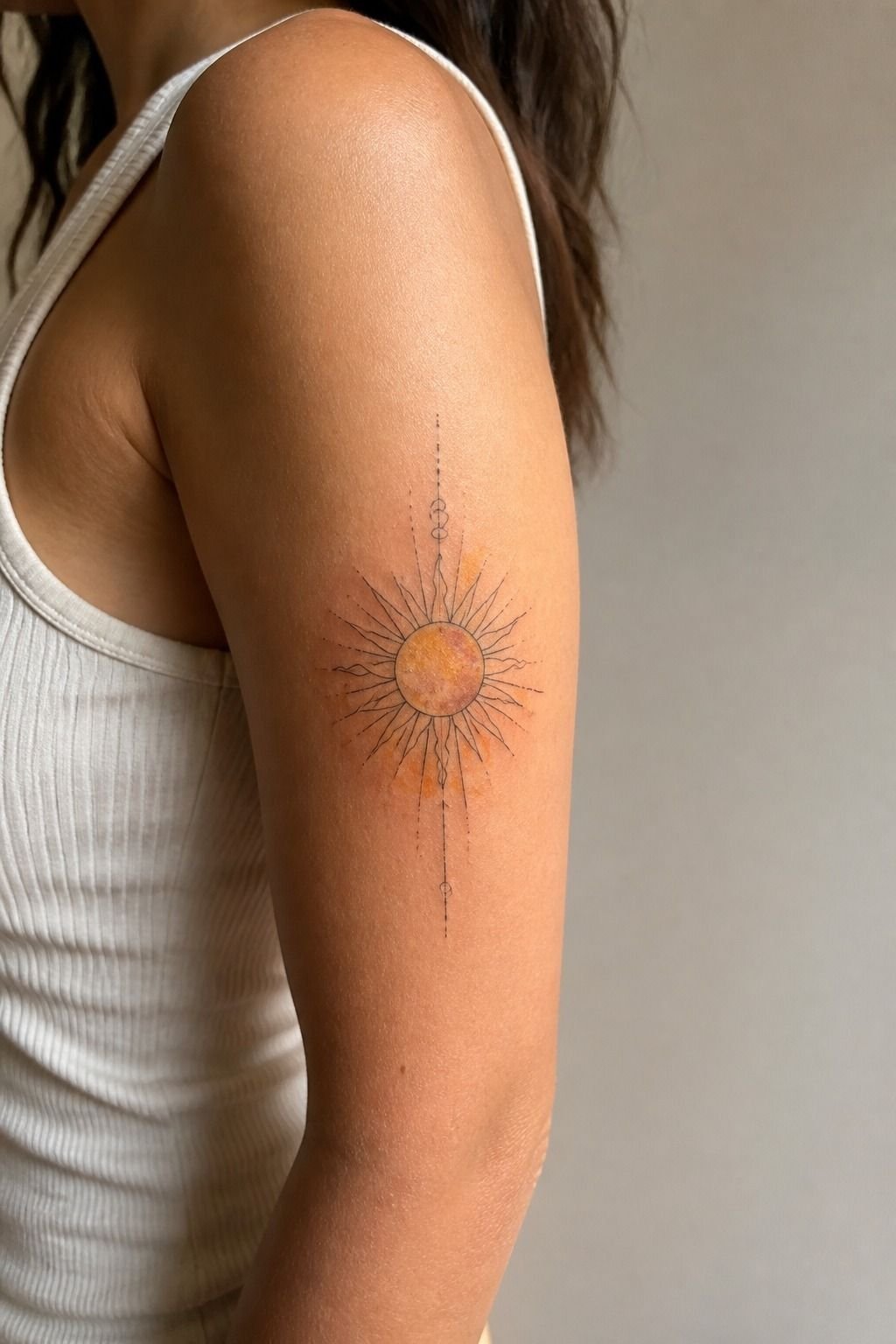 Watercolor Sun Tattoo Anchored By Fine Lines