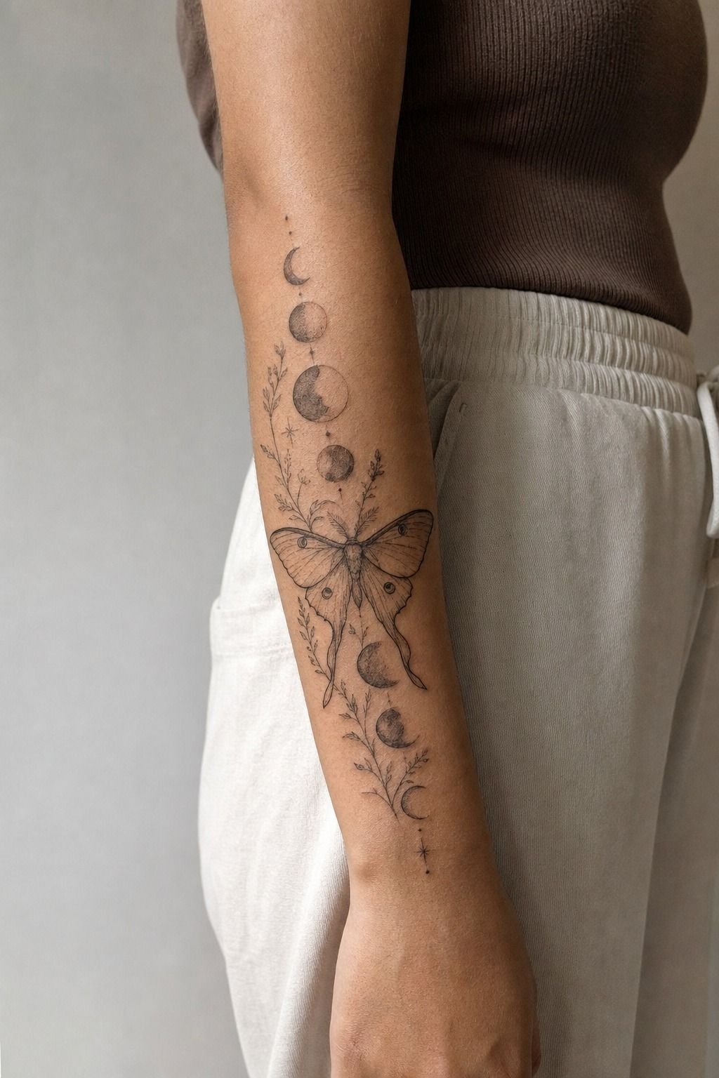 Lunar Moth Forearm Tattoo With Moon Phases