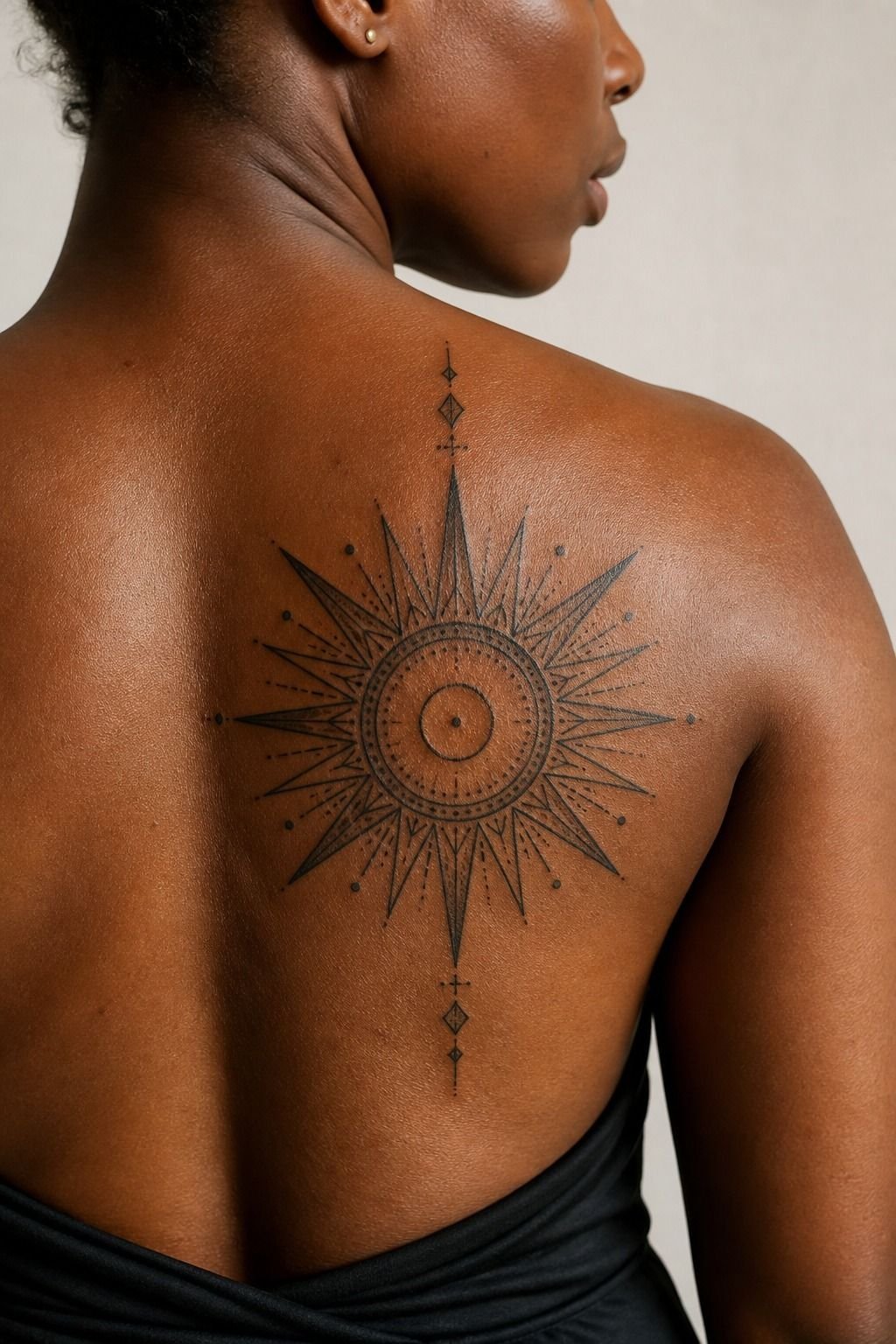 Geometric Sun Tattoo Across The Shoulder Blade