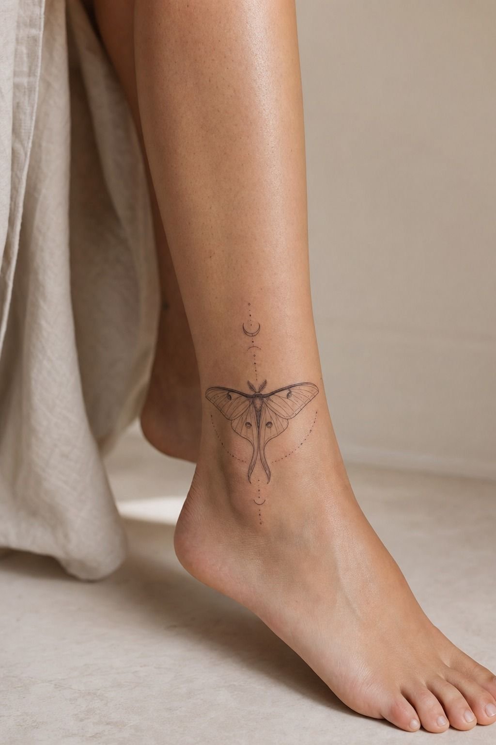 Minimalist Lunar Moth Ankle Tattoo