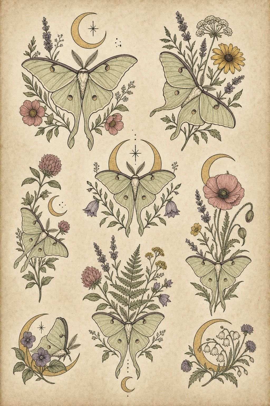 Lunar Moth Tattoo Design With Wildflowers
