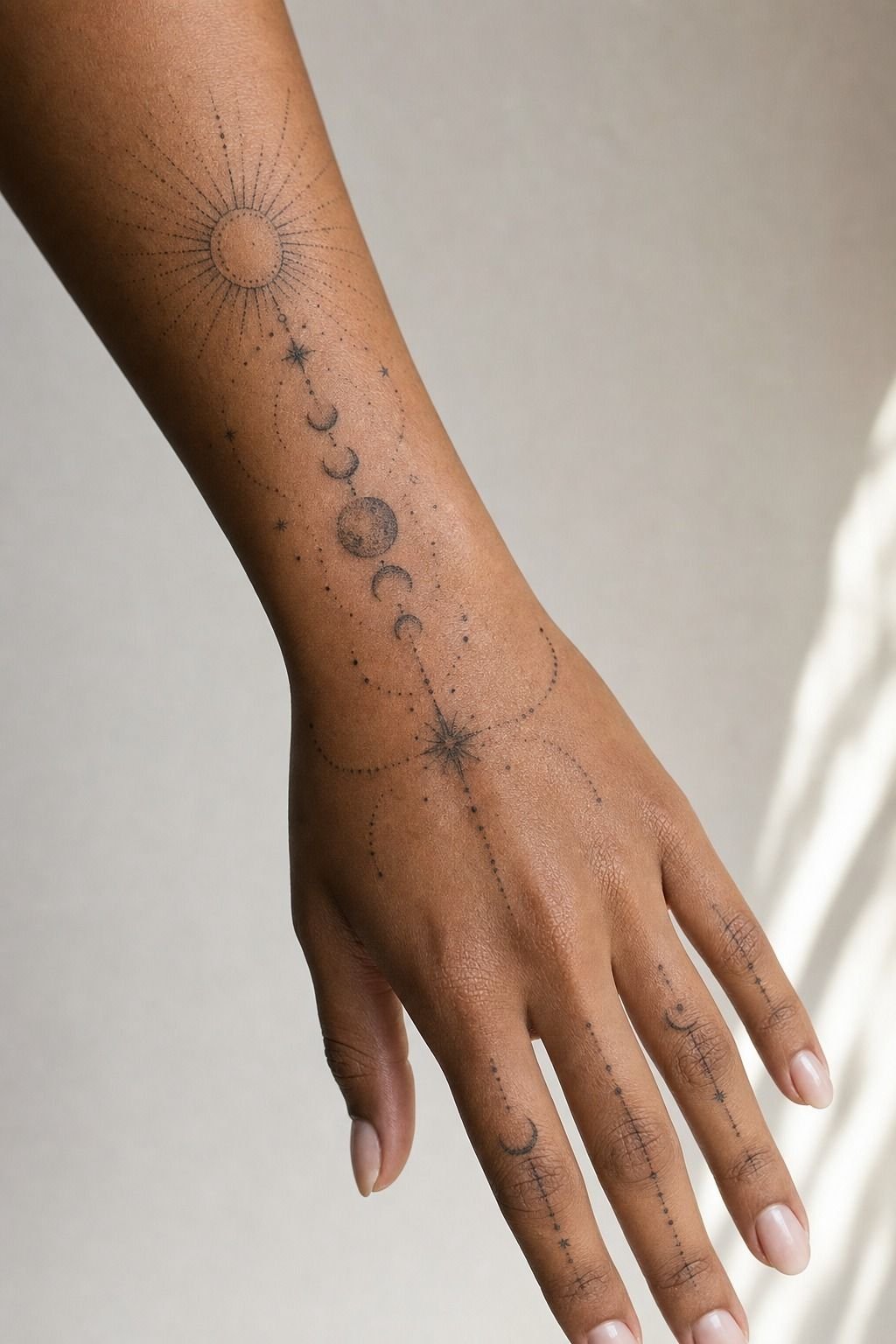 Dot Work Drawing Celestial Hand Tattoo