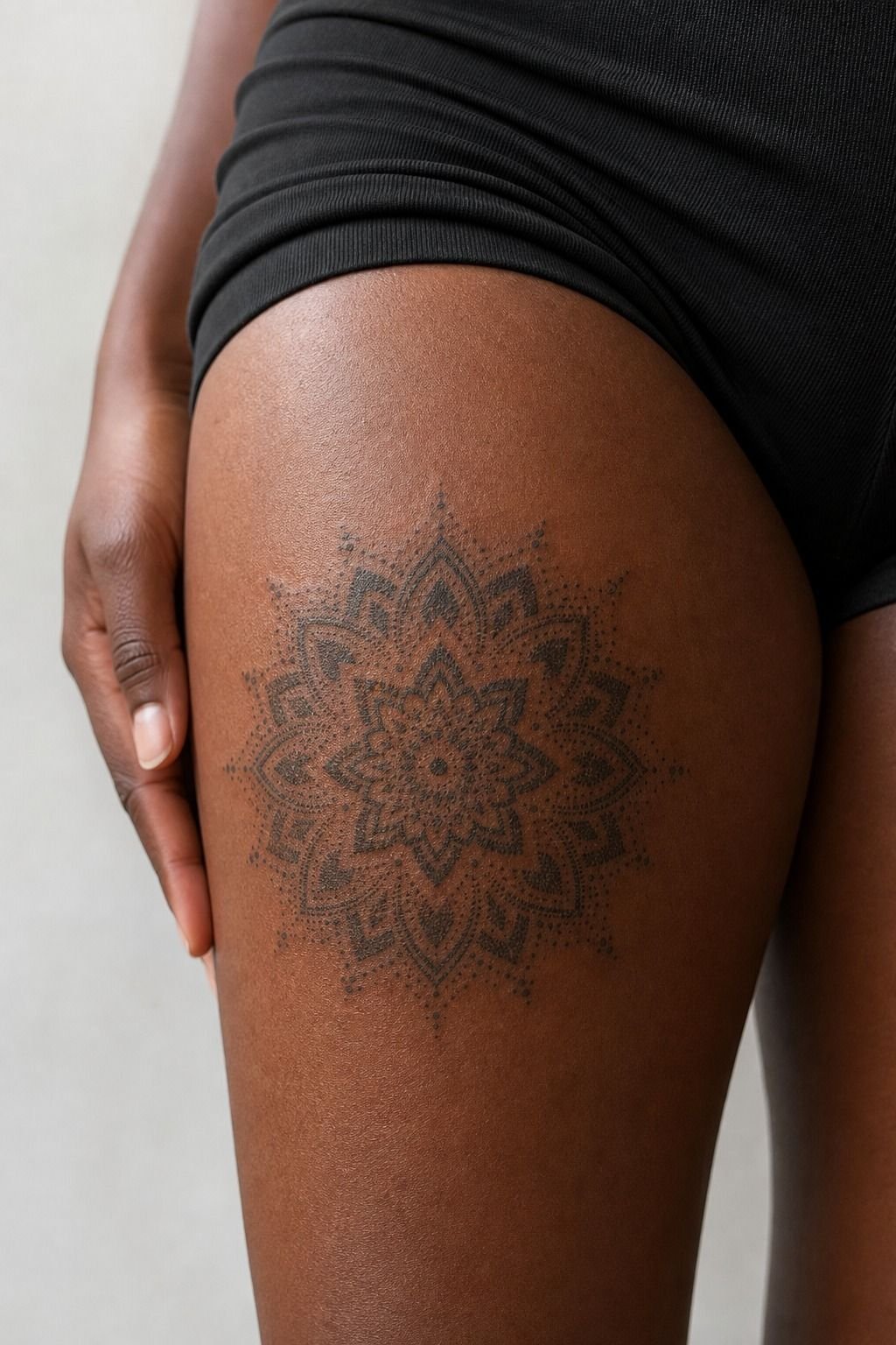 Dot Work Mandala Thigh Tattoo