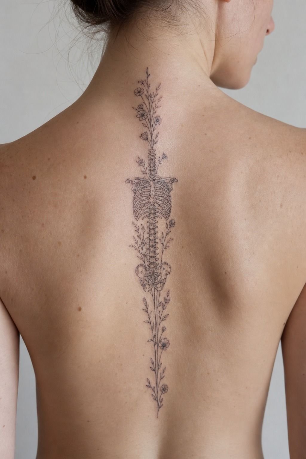 Fine Line Skeleton Tattoo With Wildflowers