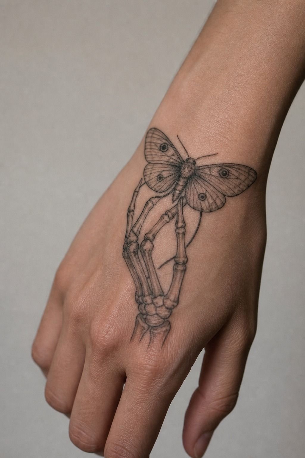 Feminine Skeleton Hand Holding A Moth