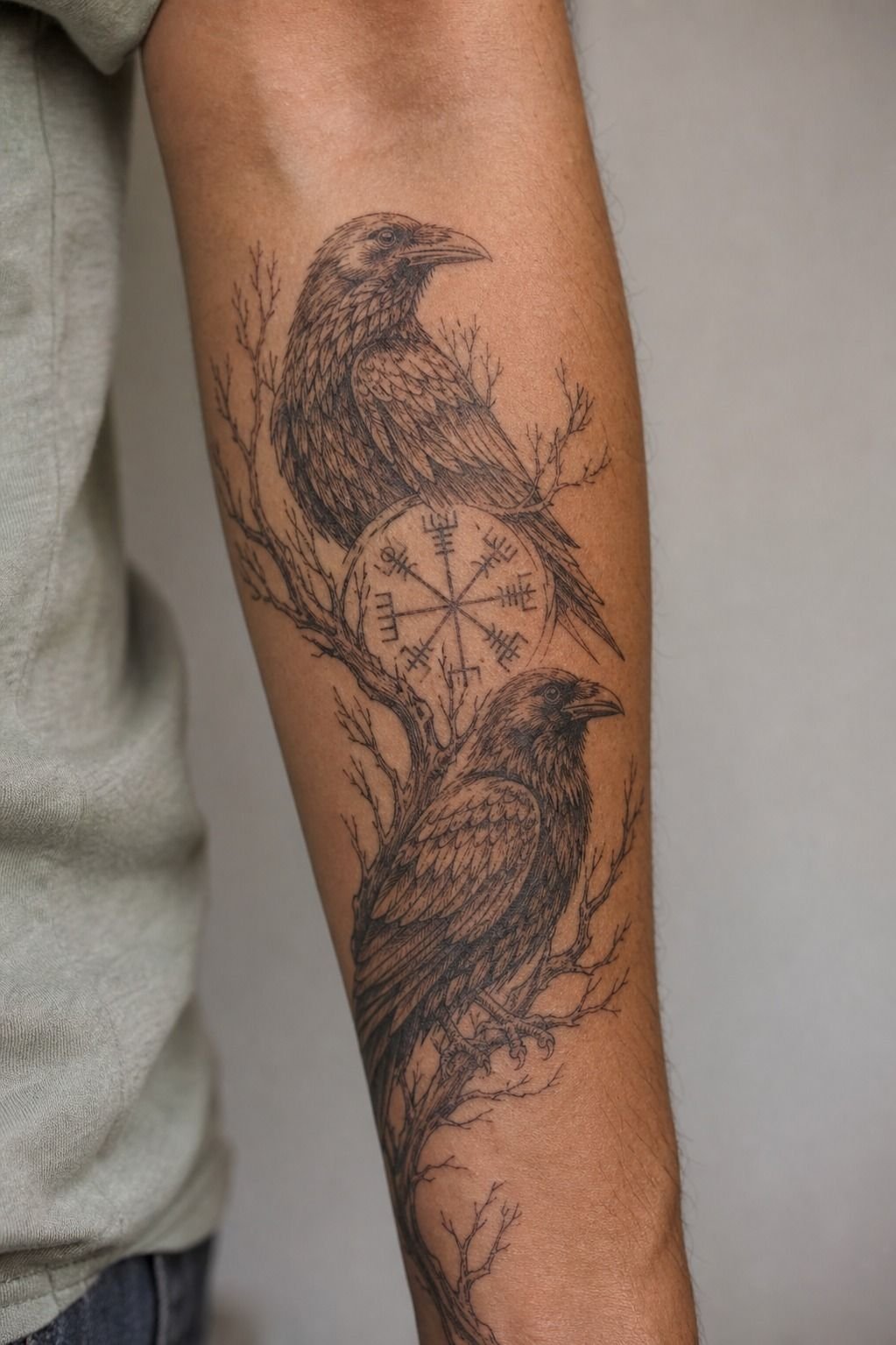 Fine Line Odin’s Ravens Tattoo On Forearm