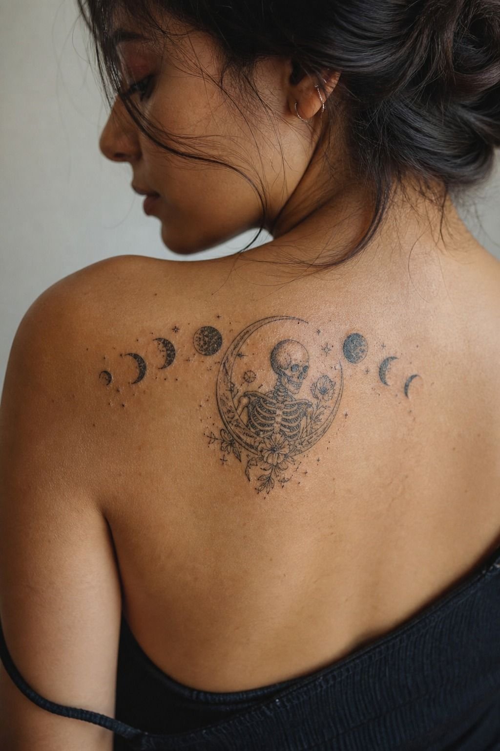 Celestial Skeleton Tattoo With Moon Phases