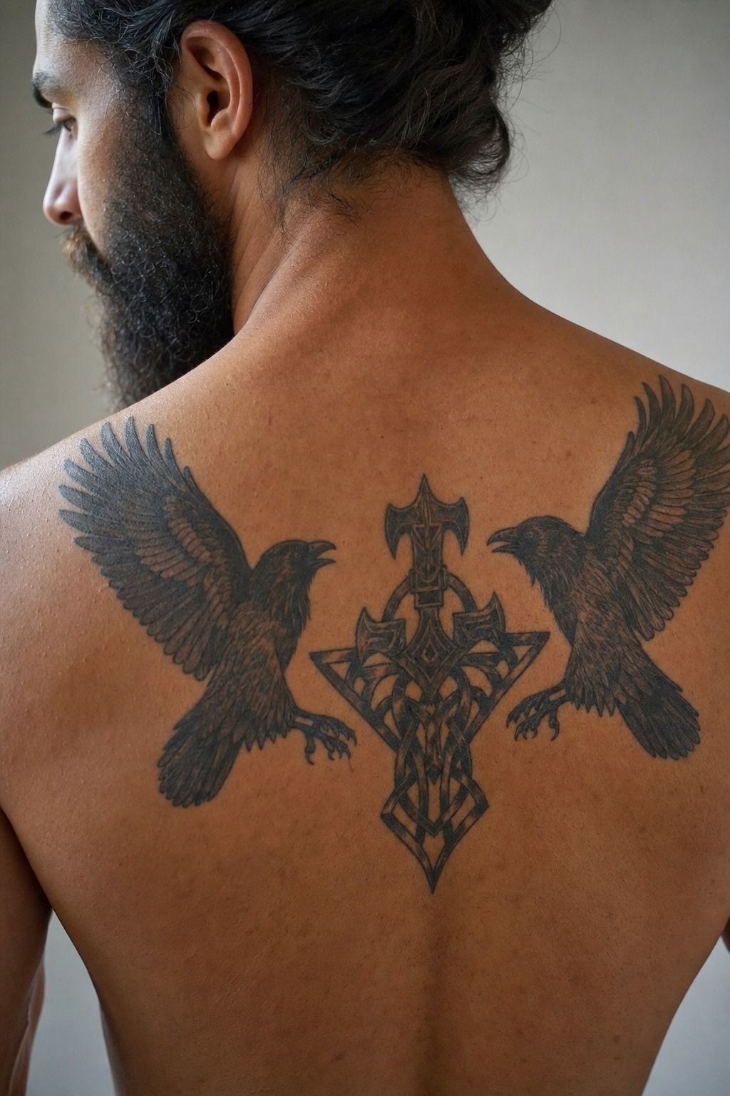 Blackwork Odin’s Ravens Tattoo Across Shoulder Blades