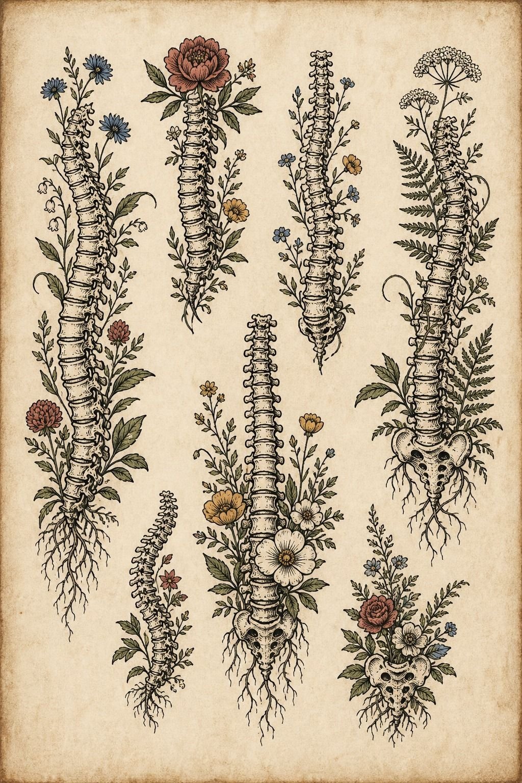 Skeleton Spine Tattoo With Botanical Details