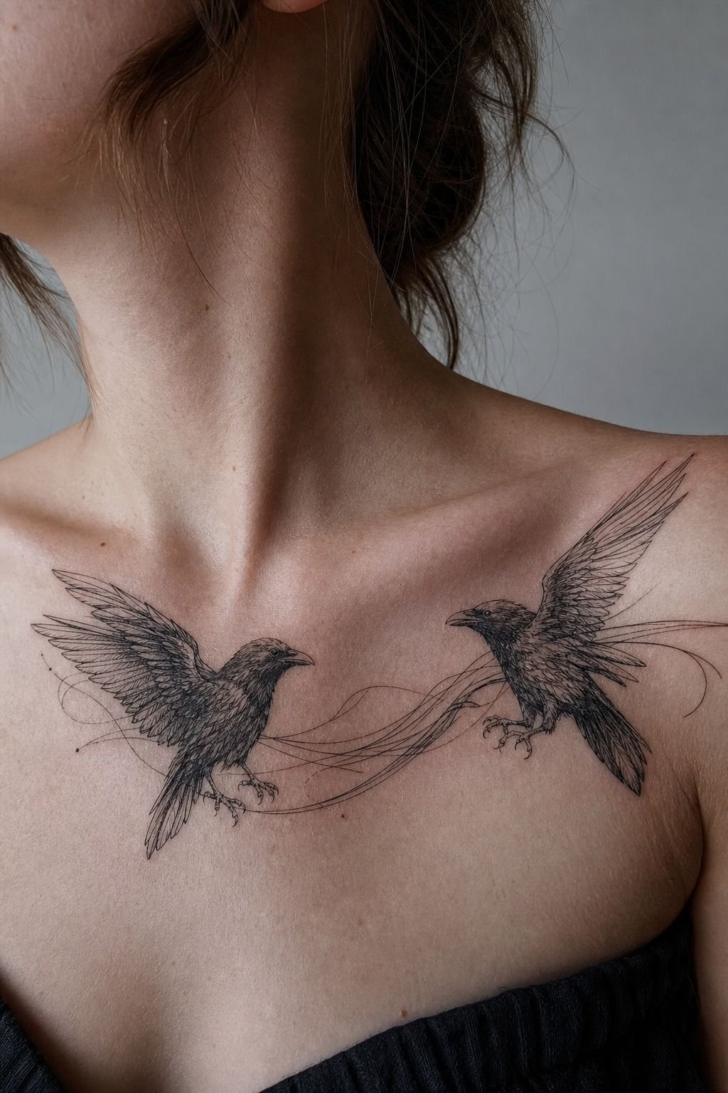 Huginn And Muninn Tattoo On Collarbone