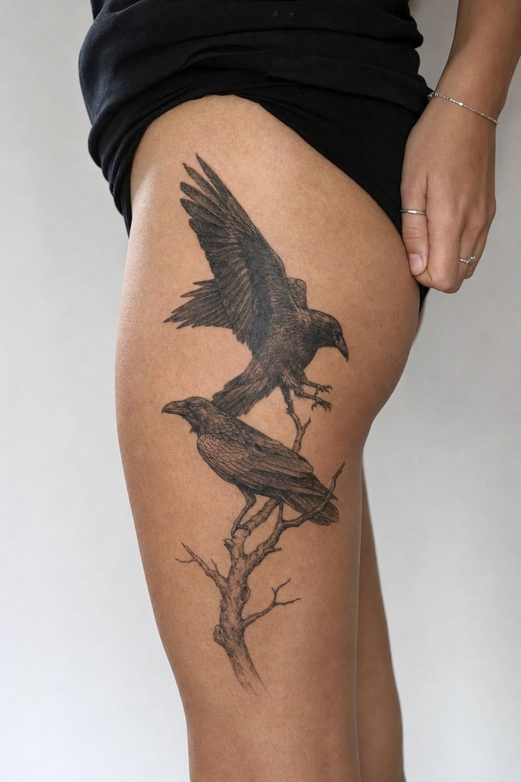 Realistic Odin’s Ravens Tattoo With Feathers
