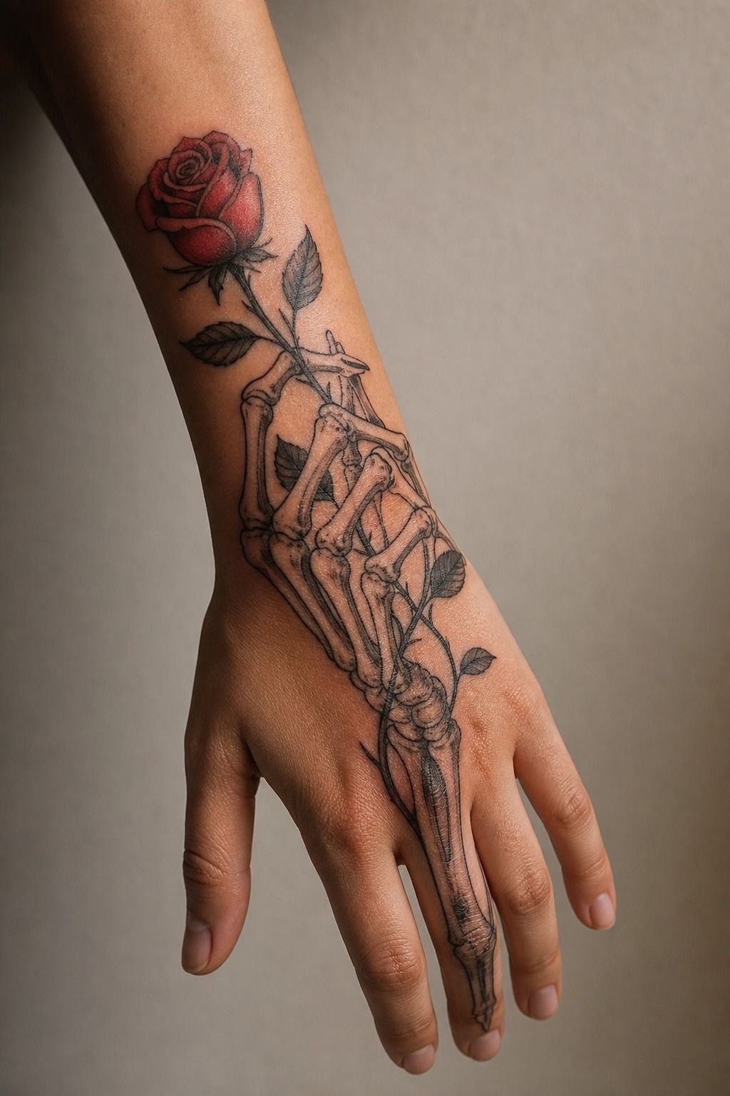 Skeleton Hand Holding A Red Rose