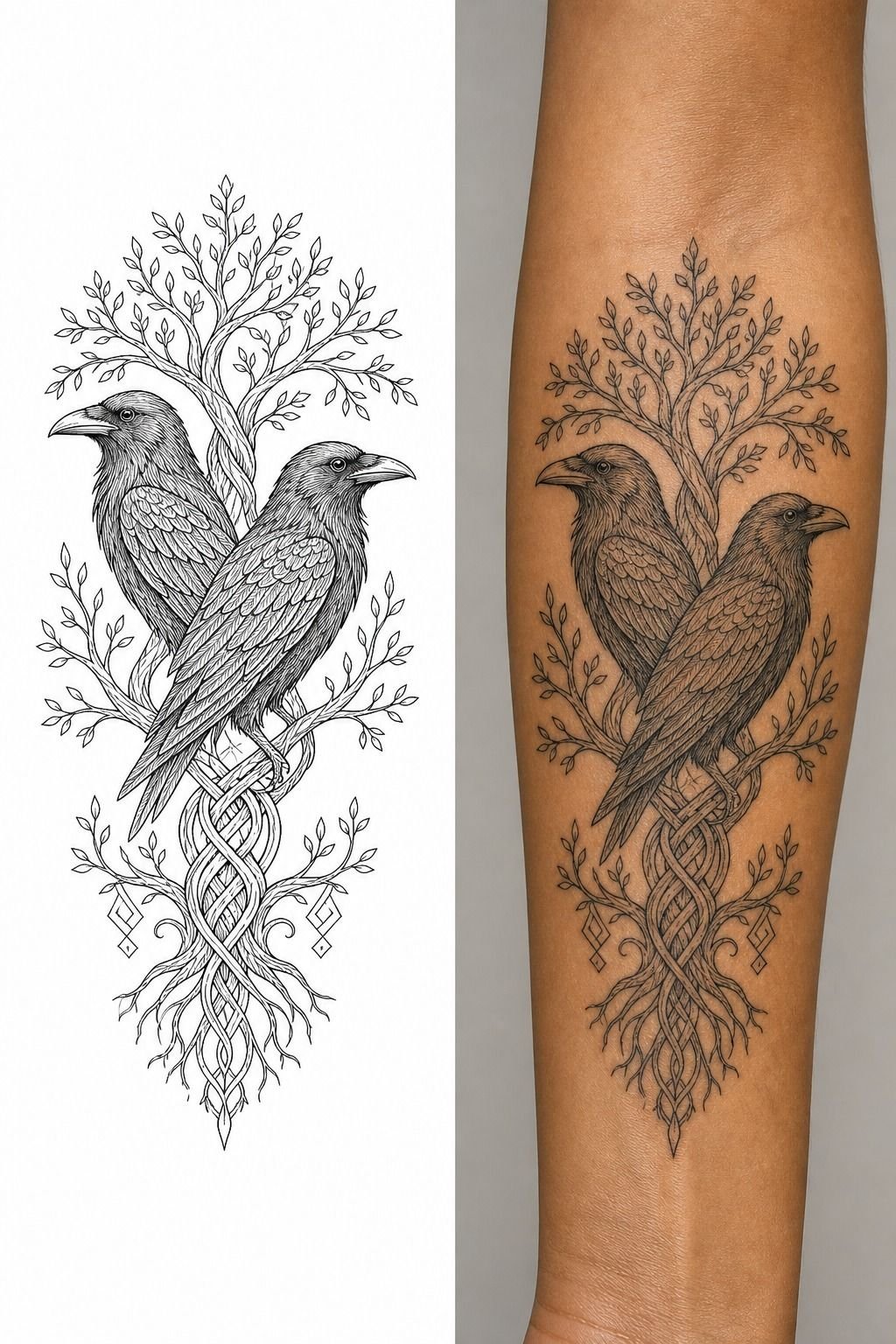 Odin’s Ravens Tattoo With Yggdrasil Branches