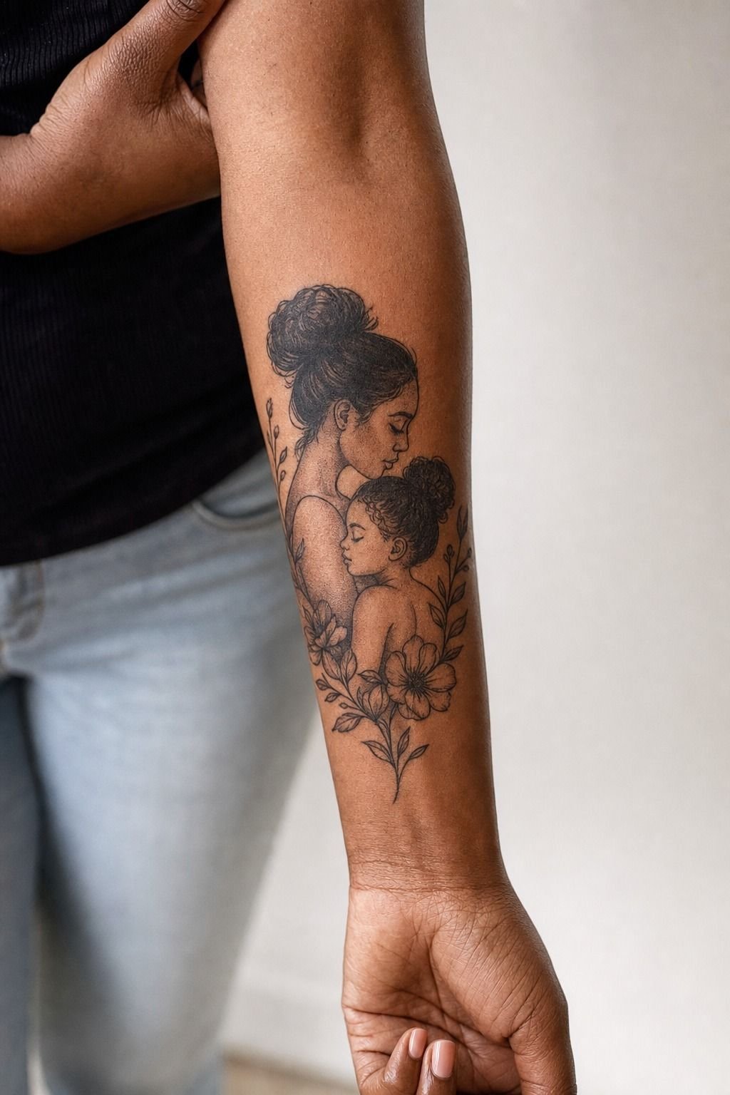 Custom Mother Daughter Portrait Tattoos In Blackwork