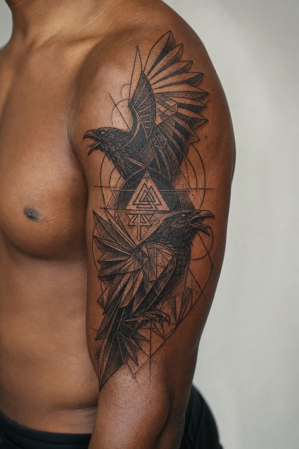 Geometric Odin’s Ravens Tattoo On Upper Arm