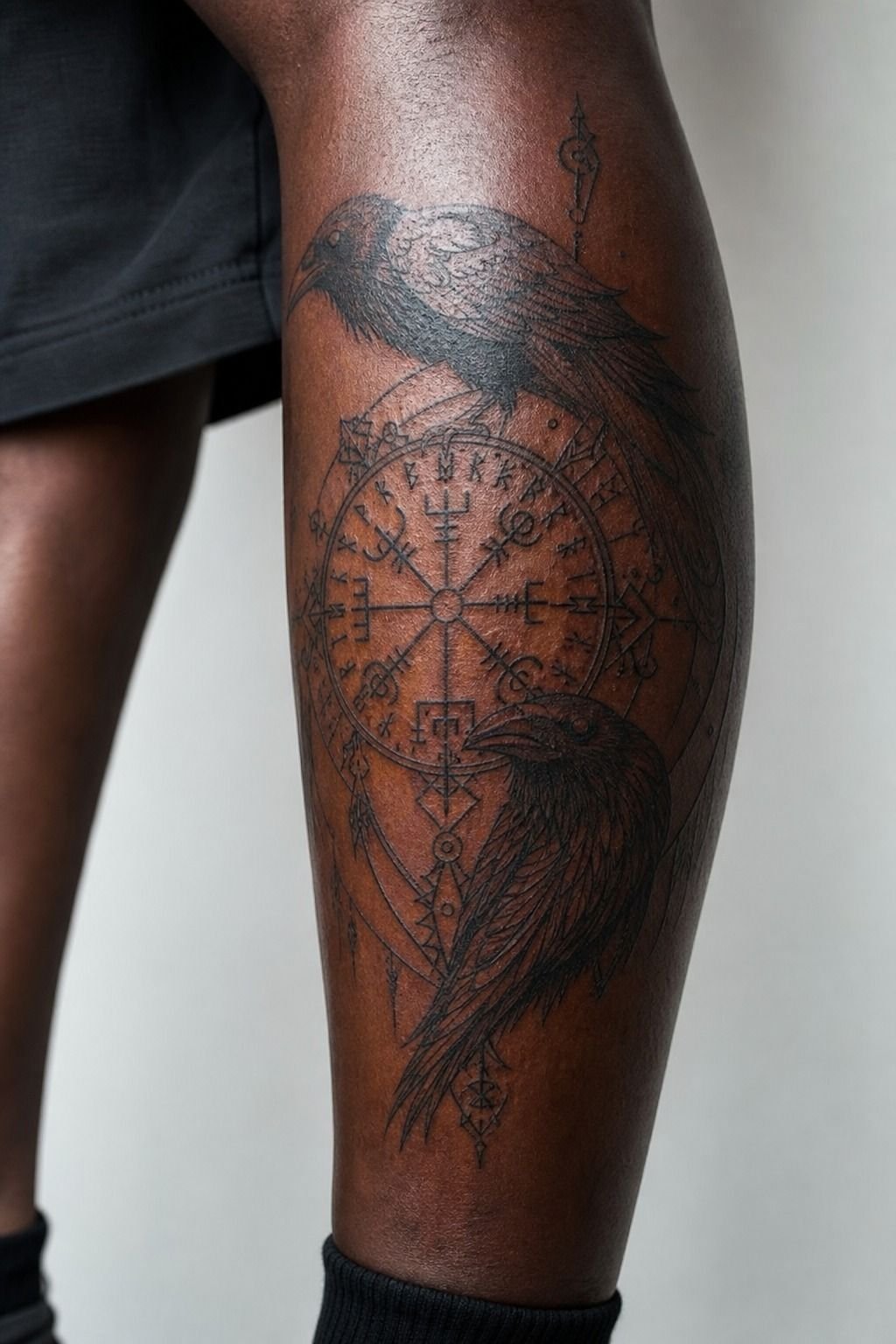Odin’s Ravens Tattoo With Nordic Compass Symbol