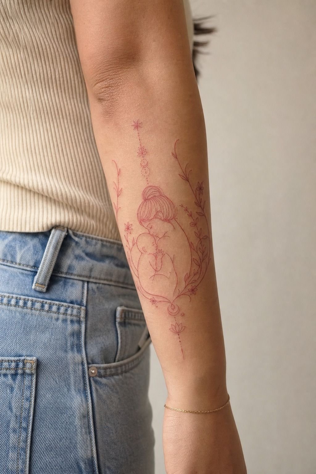 Fine Red Ink Motherhood Tattoos For Mom