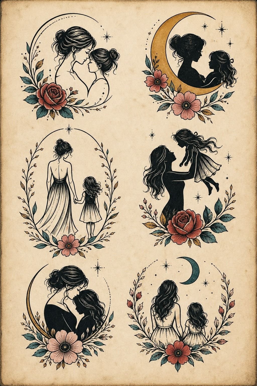 Shoulder Blade Tattoos Featuring Mother Daughter Silhouettes