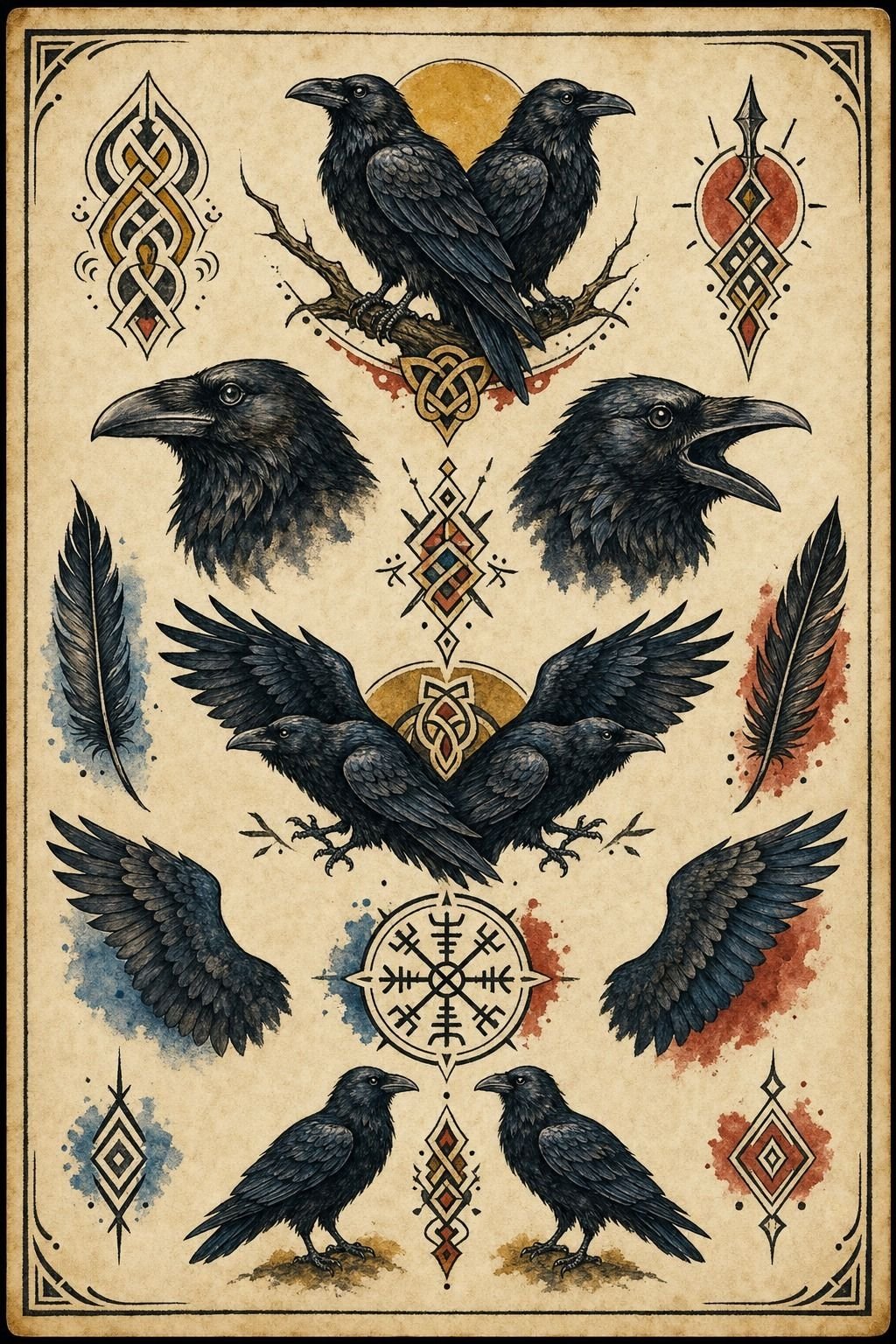 Watercolor Odin’s Ravens Tattoo With Linework