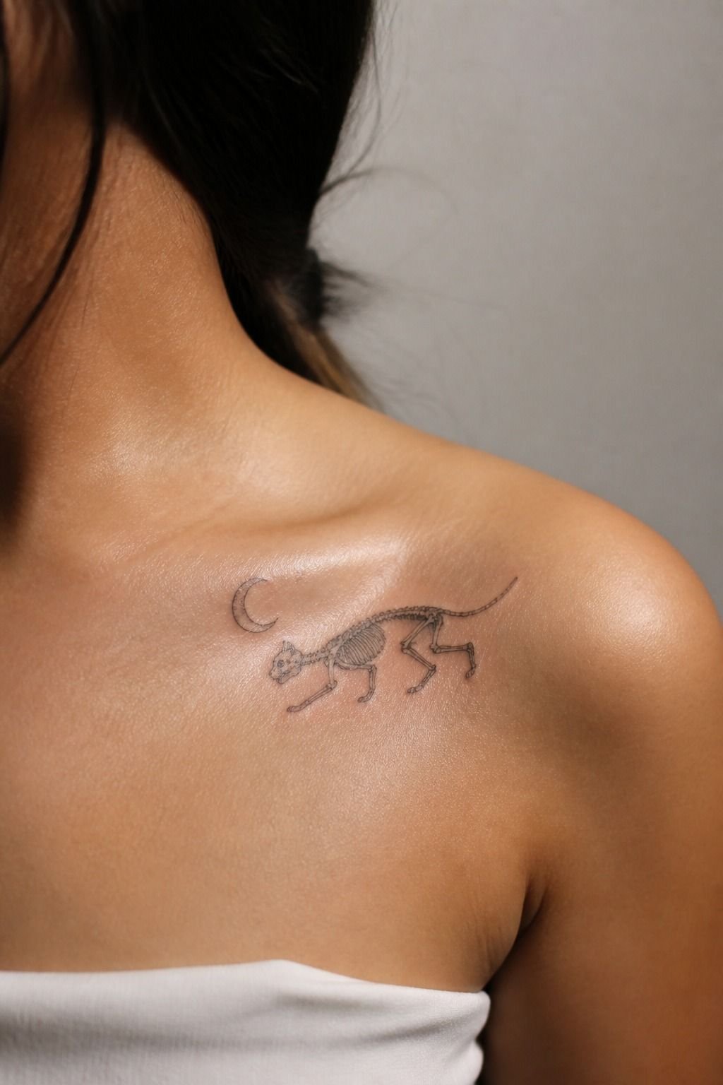 Skeleton Cat Tattoo With Crescent Moon