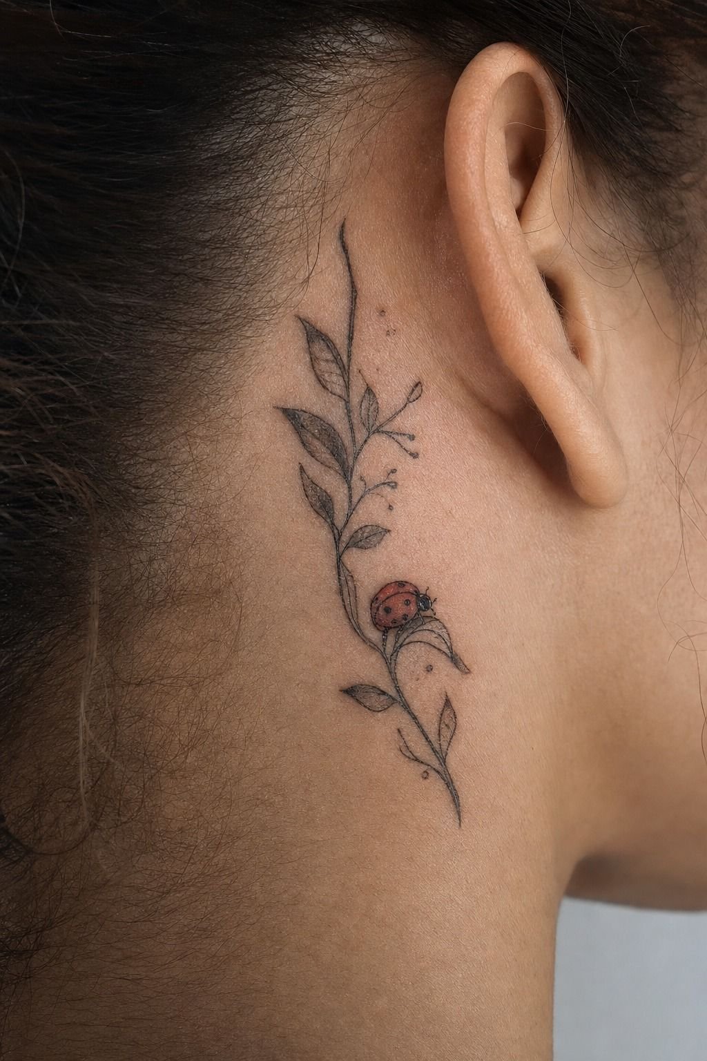 Fine-Line Ladybug Behind the Ear