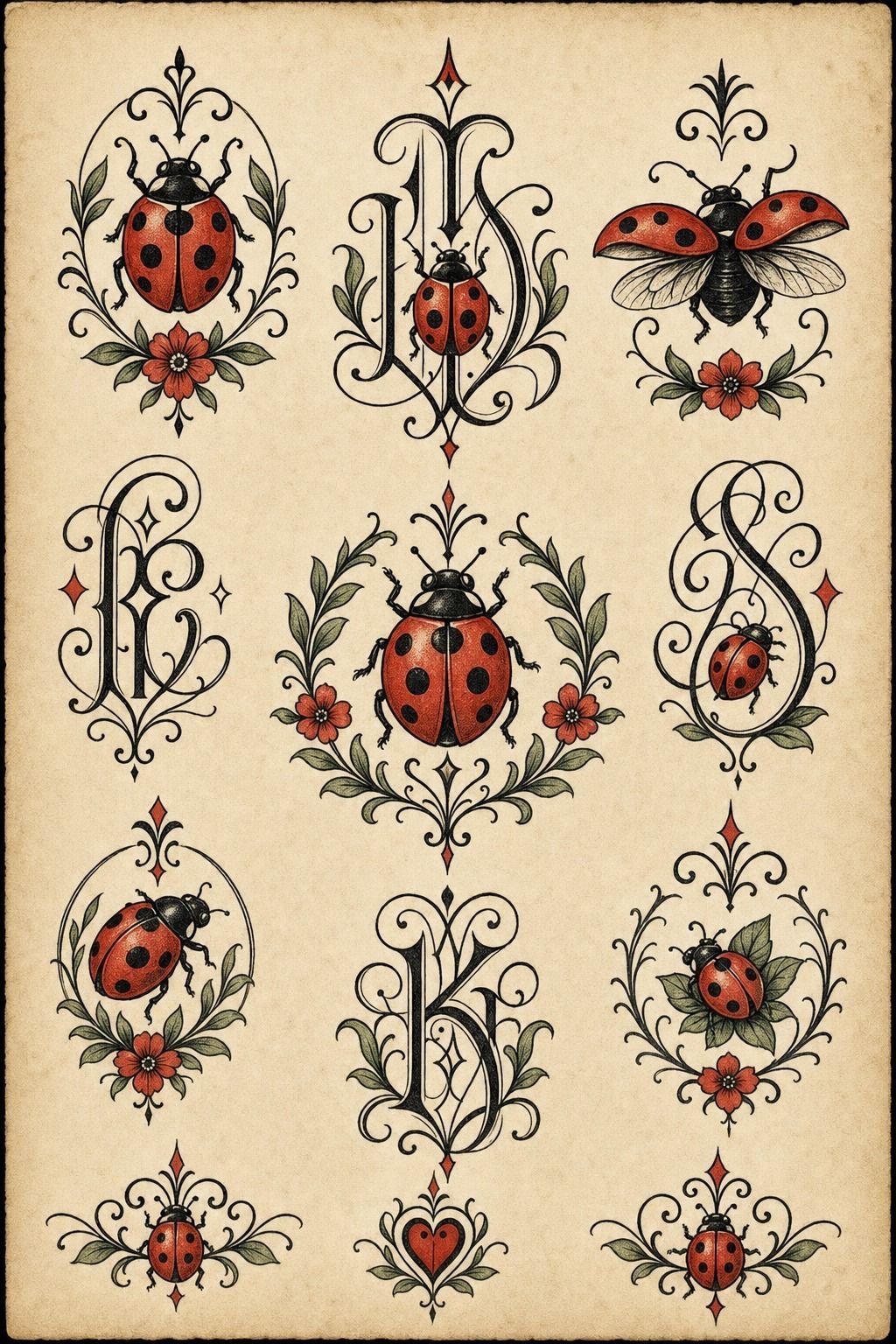 Ladybug With Initials and Fine Lettering