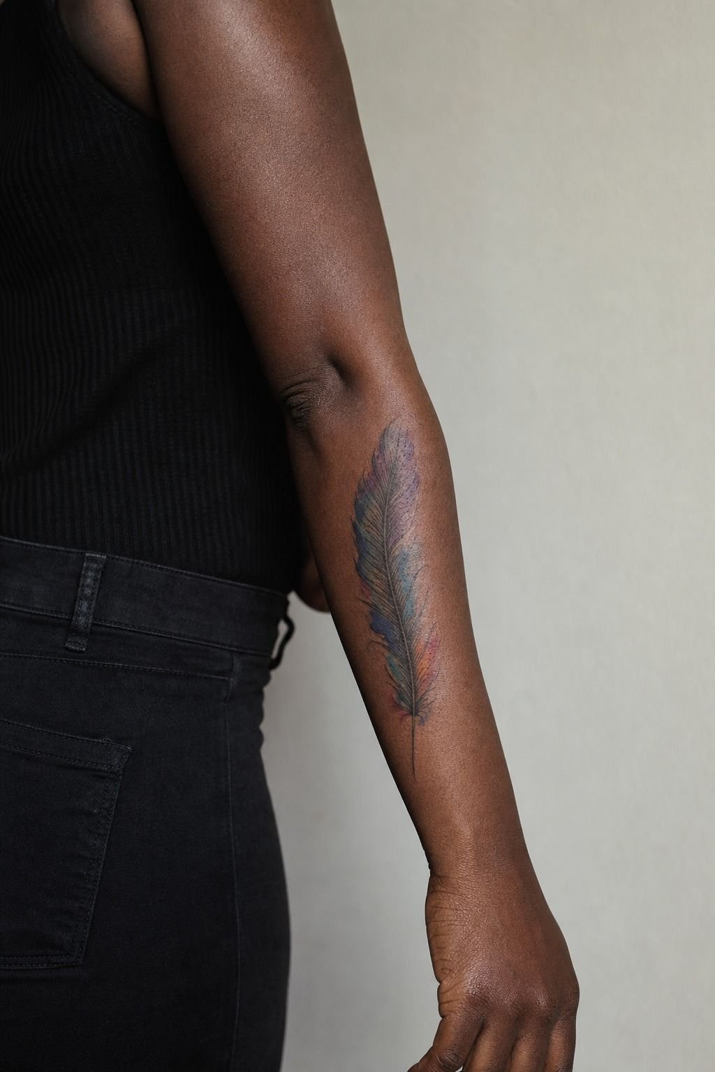 Dainty Watercolor Feather Arm Tattoos